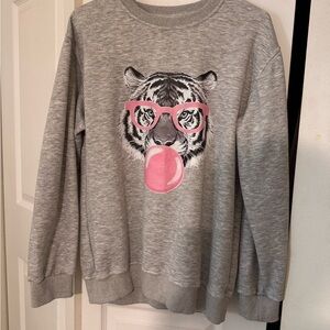SHEIN Grey Crewneck Sweater with Pink Tiger Graphic